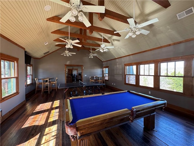 game room with lofted ceiling with beams, plenty of natural light, wood-type flooring, and visible vents