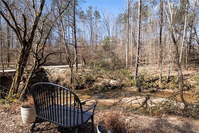 view of yard with a forest view