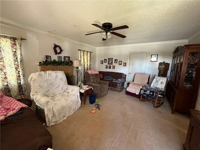 303 Corning St, Anderson, SC 29624 - carpeted living room featuring a textured ceiling, ceiling fan, and crown molding