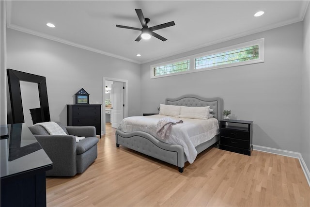 bedroom featuring baseboards, recessed lighting, light wood-style flooring, and crown molding