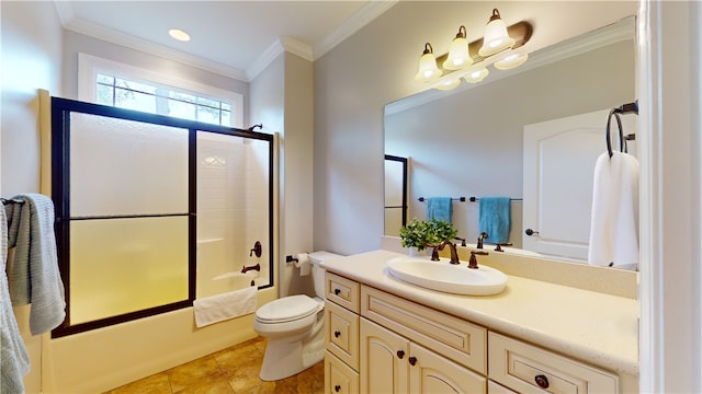 full bath with toilet, bath / shower combo with glass door, vanity, ornamental molding, and tile patterned floors