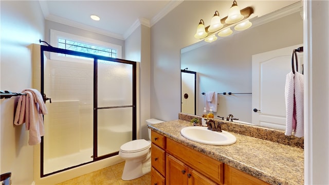 bathroom featuring toilet, vanity, a shower stall, tile patterned floors, and crown molding