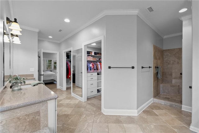 full bath featuring baseboards, visible vents, a walk in shower, and ornamental molding