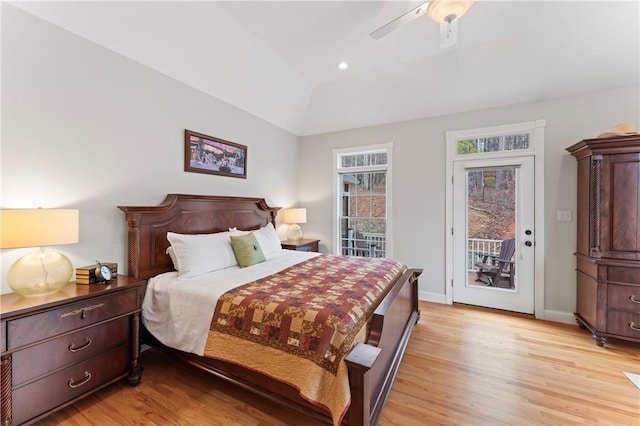 bedroom featuring recessed lighting, a ceiling fan, baseboards, light wood-style floors, and access to outside