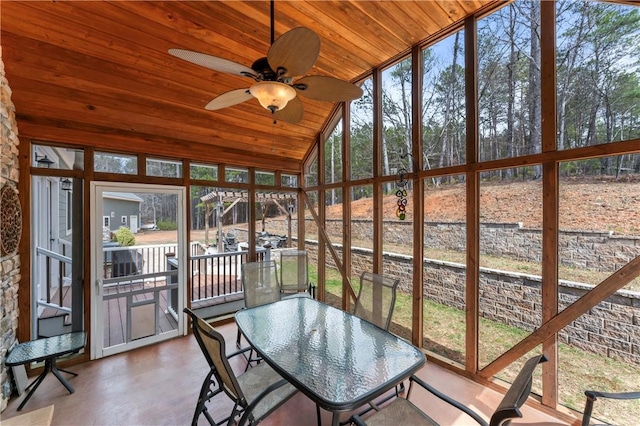 sunroom / solarium featuring lofted ceiling, wooden ceiling, a ceiling fan, and a healthy amount of sunlight