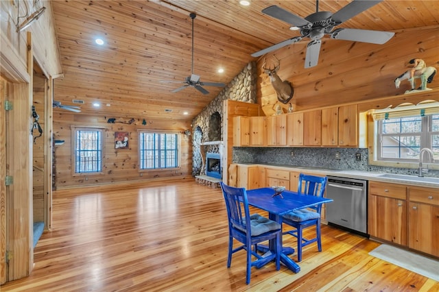 kitchen with wooden ceiling, dishwasher, a stone fireplace, and a sink