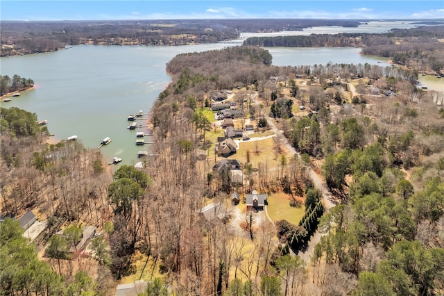 drone / aerial view featuring a water view and a forest view