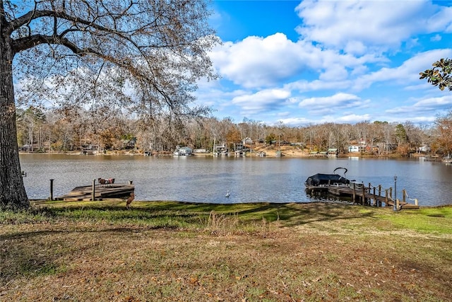 view of dock featuring a water view and a lawn