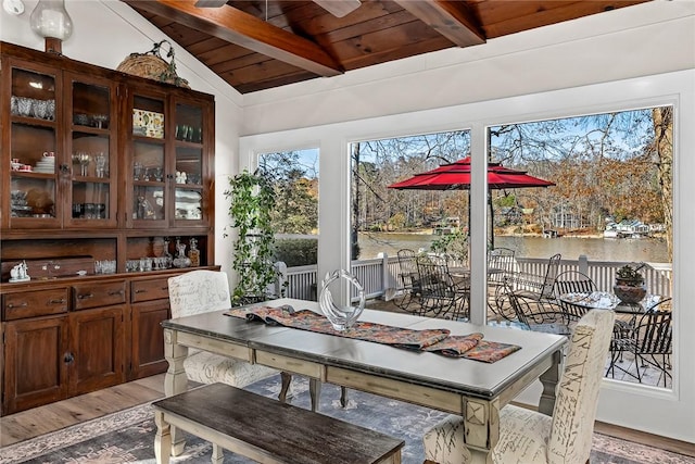 dining space featuring lofted ceiling with beams, light wood finished floors, and wood ceiling