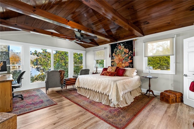 bedroom featuring vaulted ceiling with beams, light wood finished floors, multiple windows, and wooden ceiling