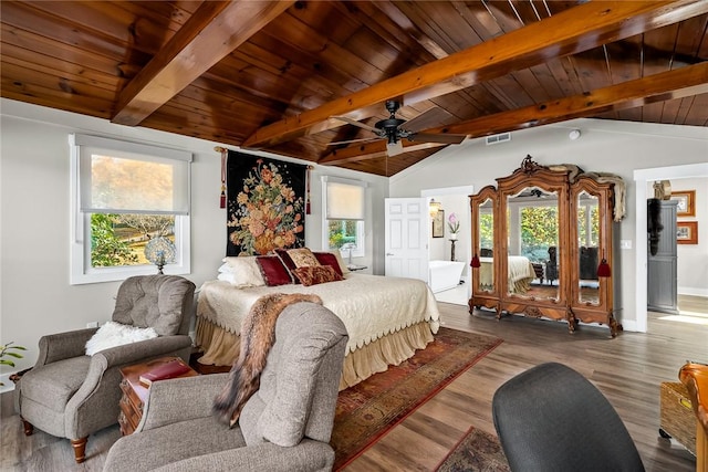 bedroom featuring vaulted ceiling with beams, wood ceiling, visible vents, and wood finished floors