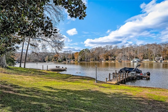 dock area featuring a water view and a lawn