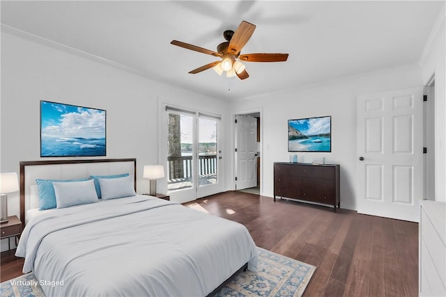 bedroom with dark wood-style floors, ceiling fan, crown molding, and access to exterior