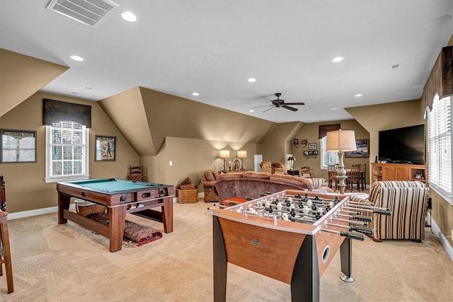 game room featuring pool table, recessed lighting, visible vents, and light colored carpet