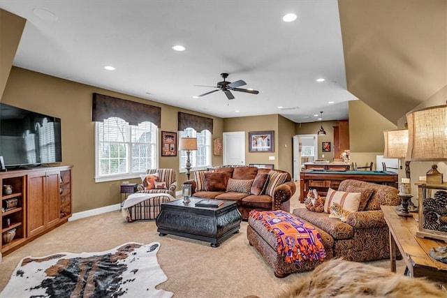 living area with light carpet, baseboards, a ceiling fan, pool table, and recessed lighting