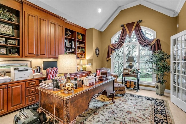 office with light carpet, lofted ceiling, and crown molding