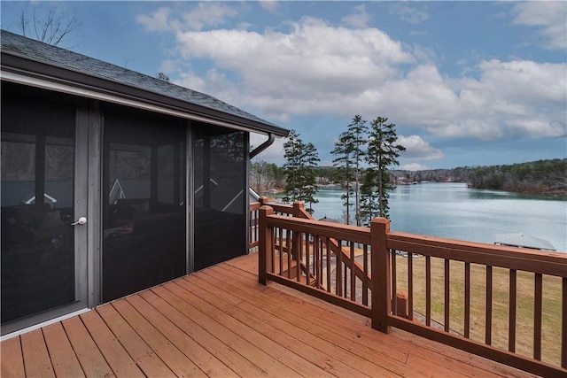 wooden deck with a water view and a sunroom