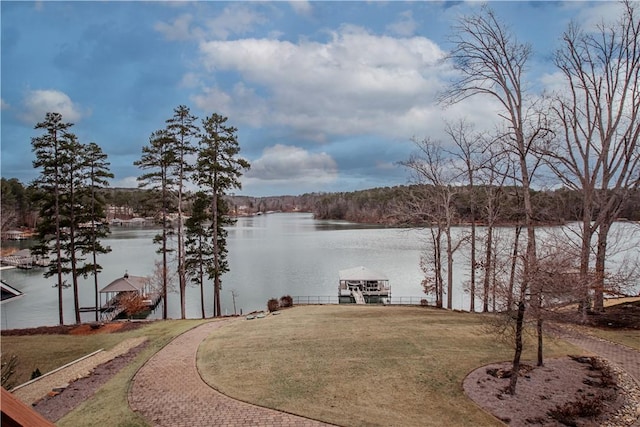 water view featuring a dock