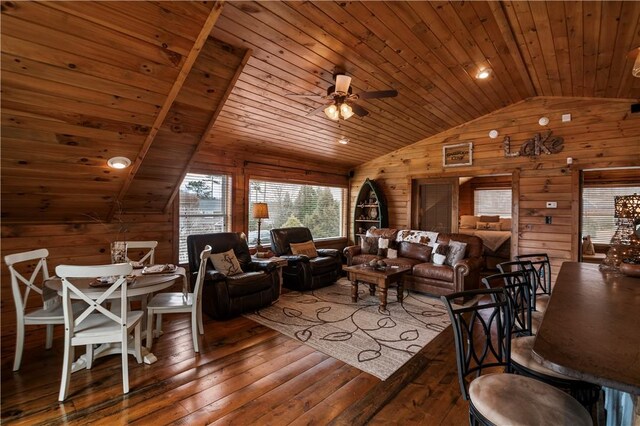 living area with hardwood / wood-style flooring, wood ceiling, wooden walls, and vaulted ceiling