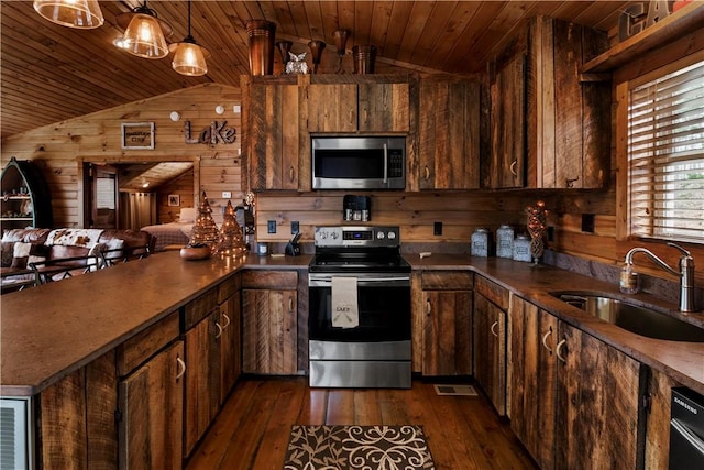 kitchen with dark wood-style flooring, stainless steel appliances, wood ceiling, a sink, and wood walls