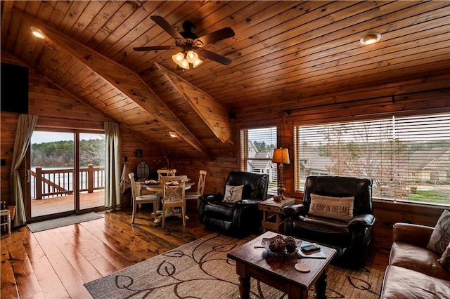 living area with lofted ceiling, wood ceiling, wooden walls, and hardwood / wood-style floors