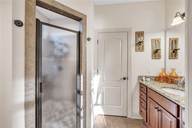 full bath featuring a shower stall, tile patterned flooring, and vanity