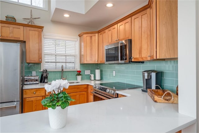 kitchen with light countertops, appliances with stainless steel finishes, plenty of natural light, and a sink