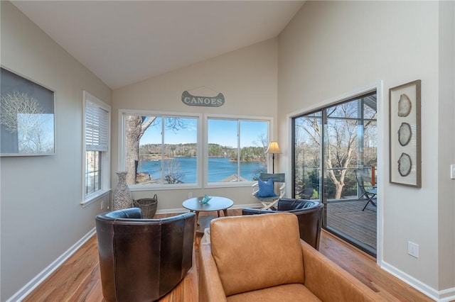 interior space featuring baseboards, high vaulted ceiling, wood finished floors, and a healthy amount of sunlight