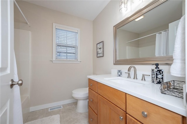 full bath with visible vents, baseboards, toilet, tile patterned flooring, and vanity