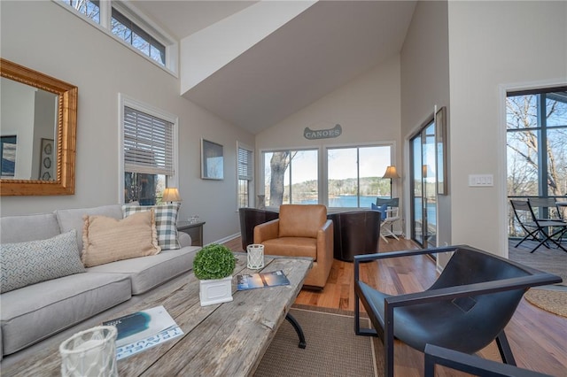 living area with high vaulted ceiling, a wealth of natural light, and wood finished floors