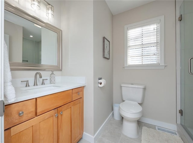 full bathroom with visible vents, toilet, a shower stall, vanity, and baseboards