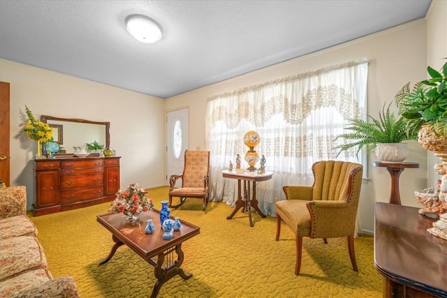 sitting room featuring light colored carpet