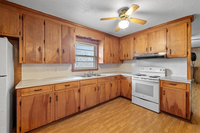 kitchen with white appliances, light wood finished floors, brown cabinetry, under cabinet range hood, and a sink