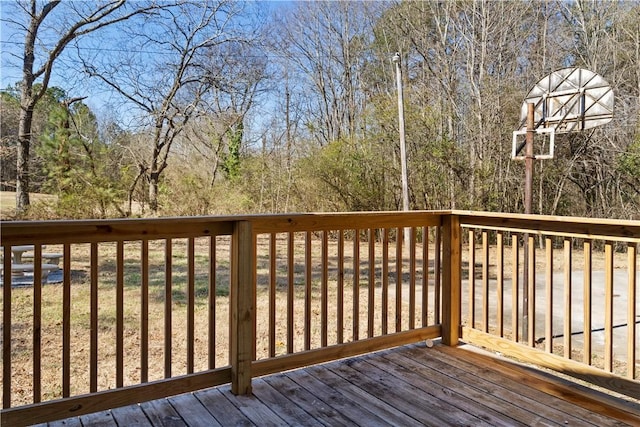 wooden terrace with a view of trees