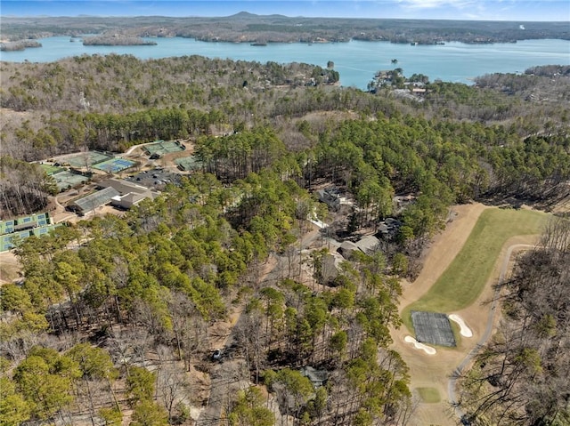 birds eye view of property featuring a water view and a wooded view