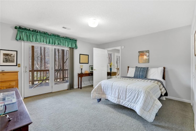 bedroom featuring baseboards, visible vents, carpet, access to outside, and a textured ceiling