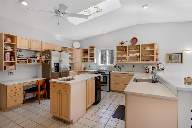 kitchen featuring stainless steel range with electric stovetop, open shelves, a sink, and light brown cabinetry