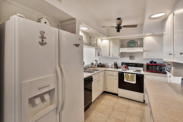 kitchen with black dishwasher, white refrigerator with ice dispenser, electric range, a sink, and under cabinet range hood