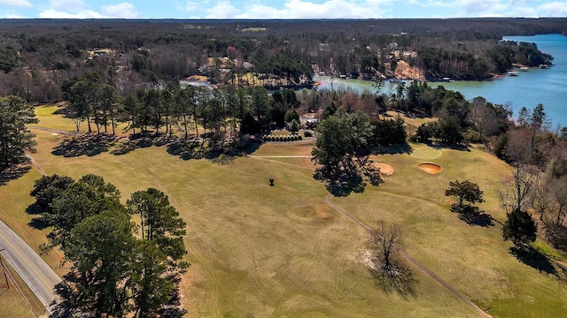 bird's eye view featuring a water view and a wooded view