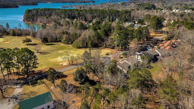 birds eye view of property featuring a water view and a wooded view