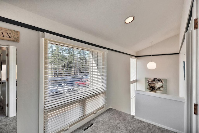 unfurnished room featuring vaulted ceiling and carpet