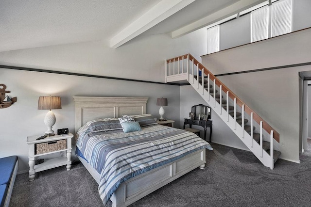 bedroom with carpet flooring, vaulted ceiling with beams, and a textured ceiling