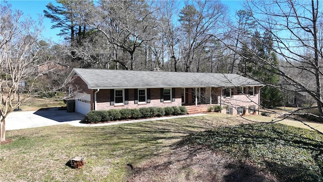 ranch-style house with brick siding, a porch, concrete driveway, an attached garage, and a front lawn