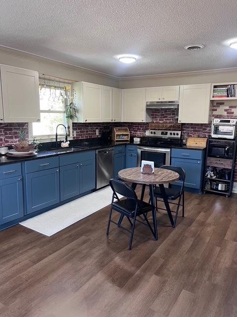 kitchen featuring appliances with stainless steel finishes, white cabinets, blue cabinets, and a sink