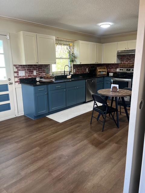 kitchen featuring white cabinets, dark countertops, appliances with stainless steel finishes, dark wood-type flooring, and a sink