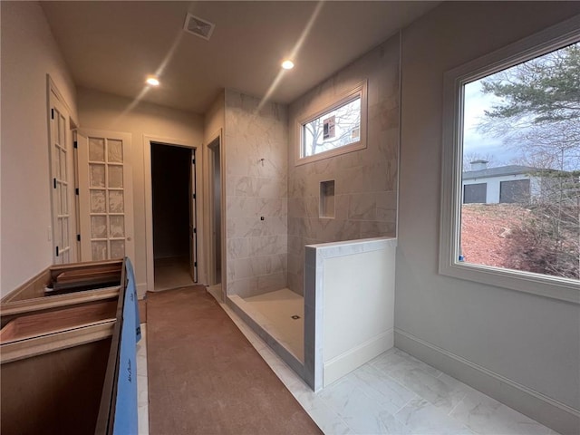 bathroom with visible vents, baseboards, marble finish floor, walk in shower, and recessed lighting