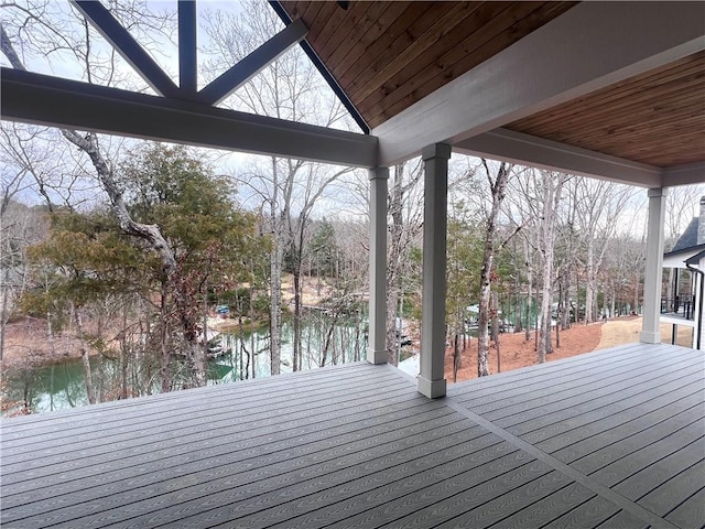 deck featuring a water view