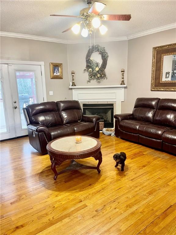 living area featuring ornamental molding, a fireplace, wood finished floors, a textured ceiling, and a ceiling fan