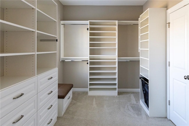 walk in closet featuring light carpet