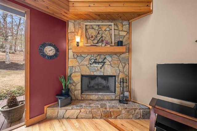 details featuring a stone fireplace and wood finished floors